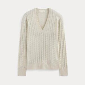 NWT Everlane The Cable V-Neck in Cotton Cashmere Sz Small Birch